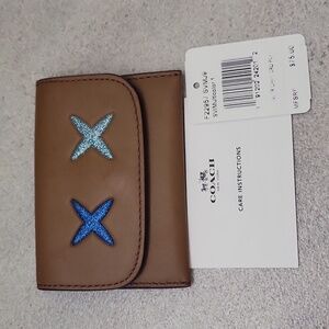 Coach Brown Card Holder with Blue Embroidery